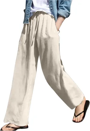 SMIDOW Women's Plus Size Casual Linen Pants High Waisted Cotton Trousers Straight-Leg Palazzo Pants with Pockets