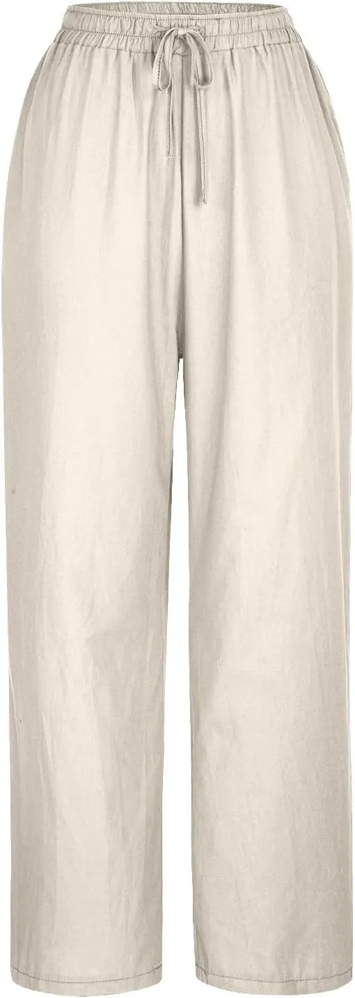 SMIDOW Women's Plus Size Casual Linen Pants High Waisted Cotton Trousers Straight-Leg Palazzo Pants with Pockets
