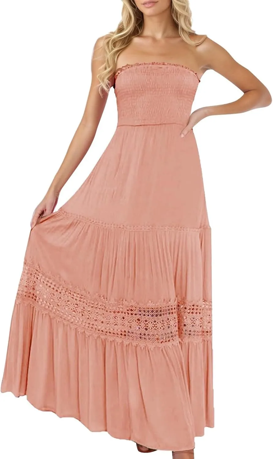 Smocked Maxi Dress Women a Line Strapless Tube Top Dress 2025 Casual Summer Tiered Lace Long Empire Waist Dresses