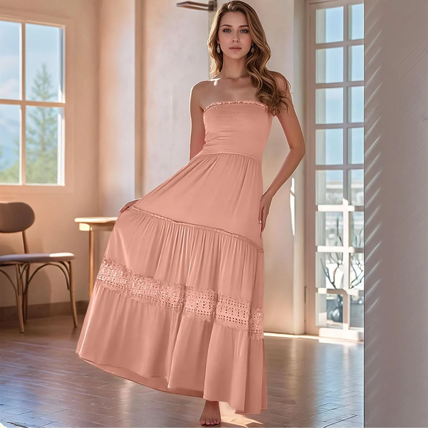 Smocked Maxi Dress Women a Line Strapless Tube Top Dress 2025 Casual Summer Tiered Lace Long Empire Waist Dresses