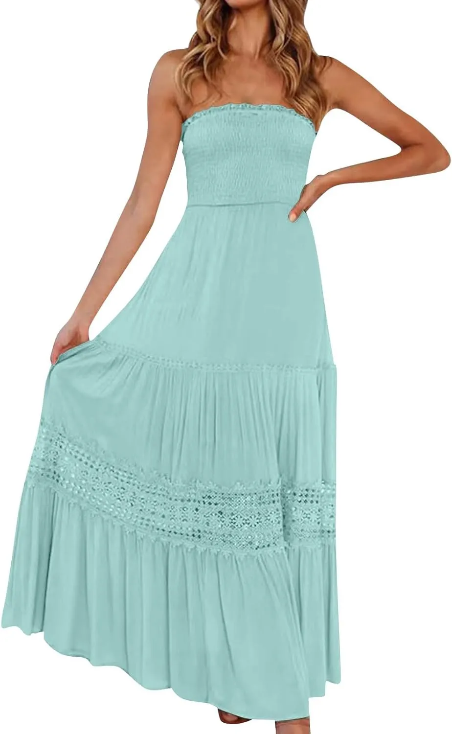 Smocked Maxi Dress Women a Line Strapless Tube Top Dress 2025 Casual Summer Tiered Lace Long Empire Waist Dresses