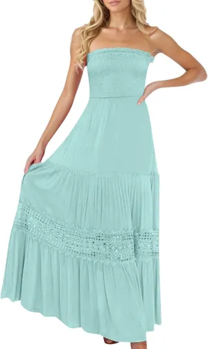 Smocked Maxi Dress Women a Line Strapless Tube Top Dress 2025 Casual Summer Tiered Lace Long Empire Waist Dresses