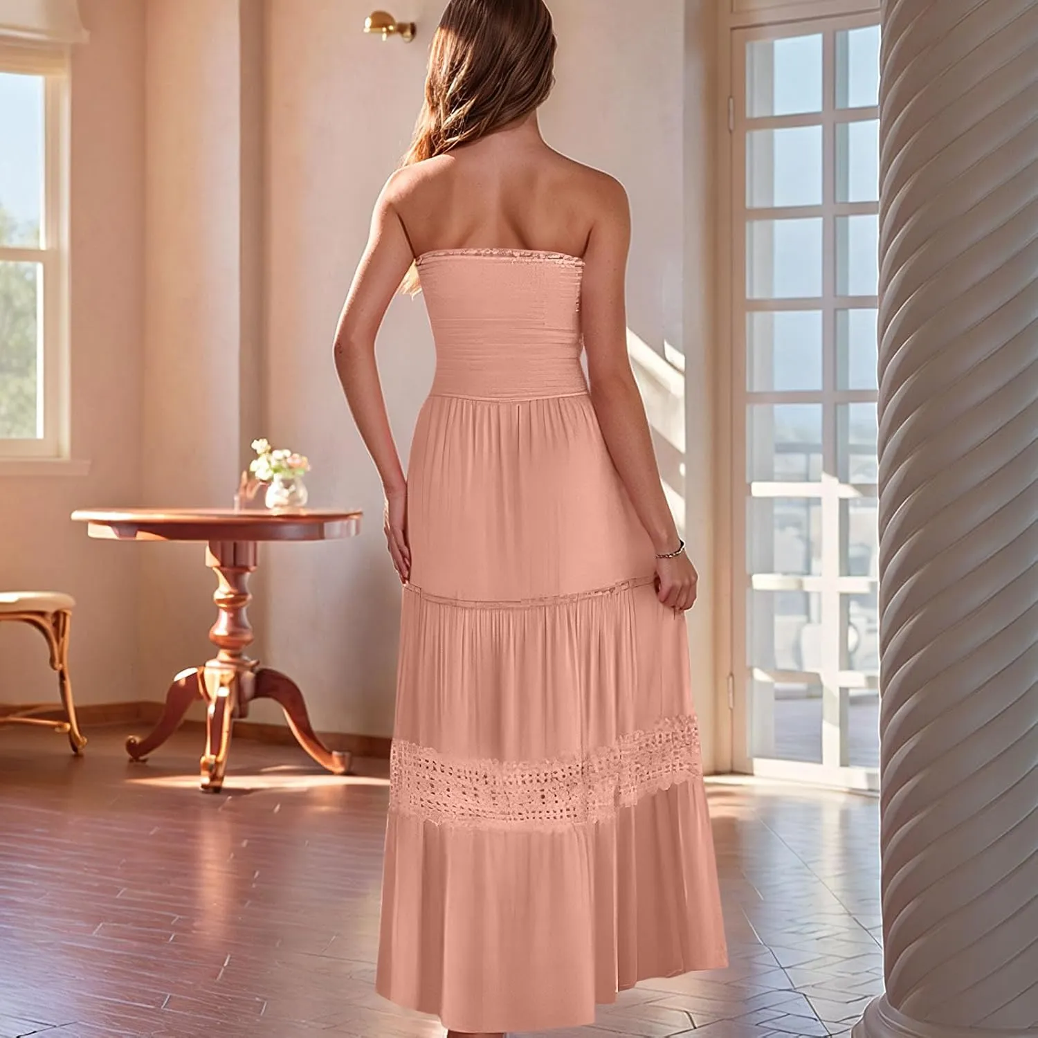 Smocked Maxi Dress Women a Line Strapless Tube Top Dress 2025 Casual Summer Tiered Lace Long Empire Waist Dresses