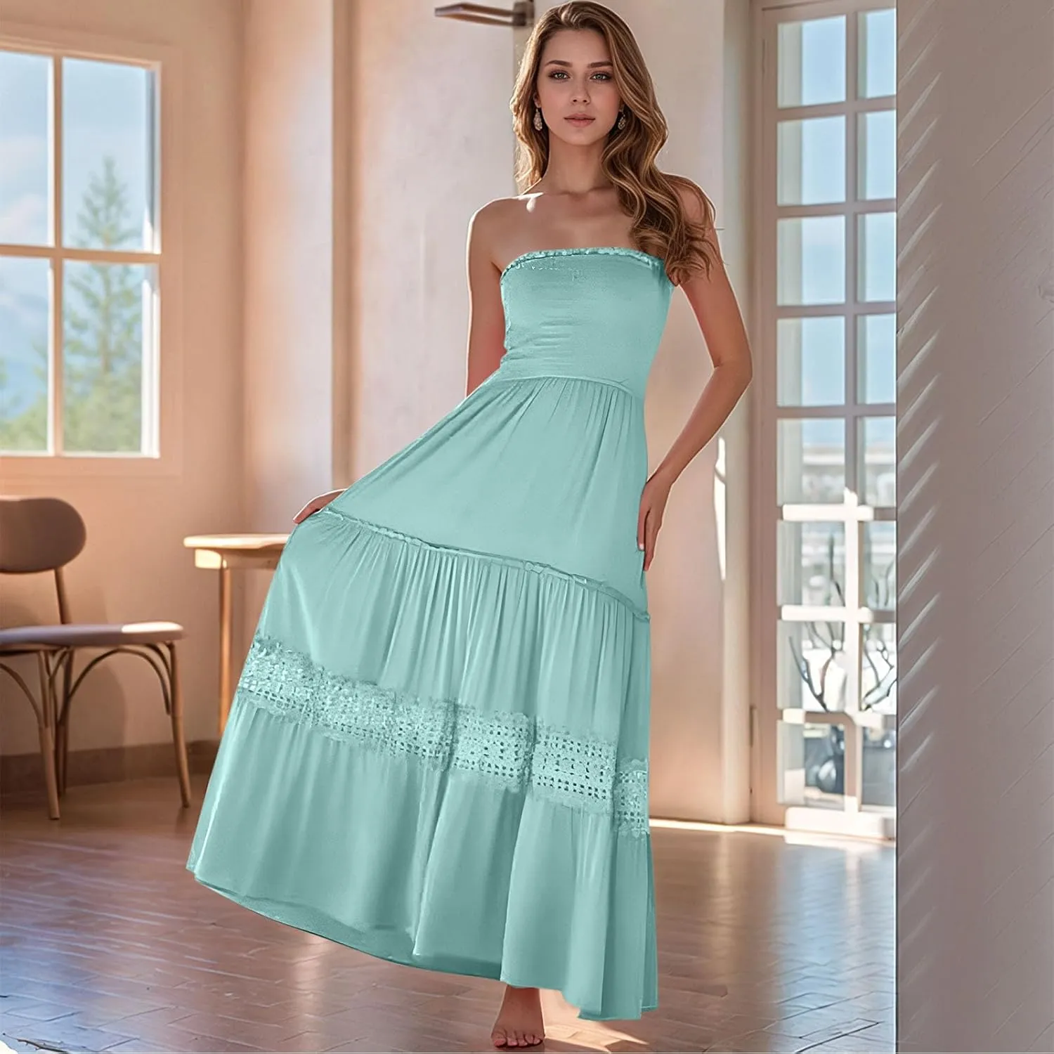 Smocked Maxi Dress Women a Line Strapless Tube Top Dress 2025 Casual Summer Tiered Lace Long Empire Waist Dresses