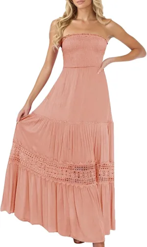 Smocked Maxi Dress Women a Line Strapless Tube Top Dress 2025 Casual Summer Tiered Lace Long Empire Waist Dresses
