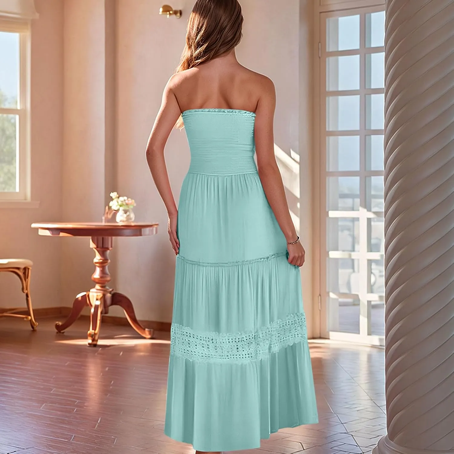Smocked Maxi Dress Women a Line Strapless Tube Top Dress 2025 Casual Summer Tiered Lace Long Empire Waist Dresses