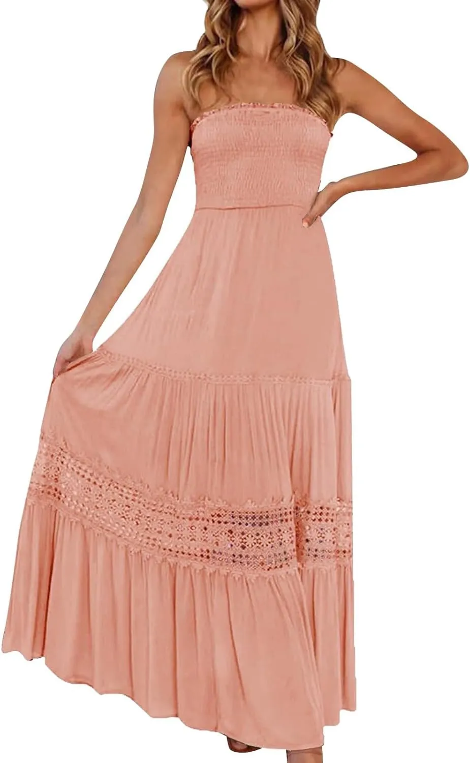 Smocked Maxi Dress Women a Line Strapless Tube Top Dress 2025 Casual Summer Tiered Lace Long Empire Waist Dresses