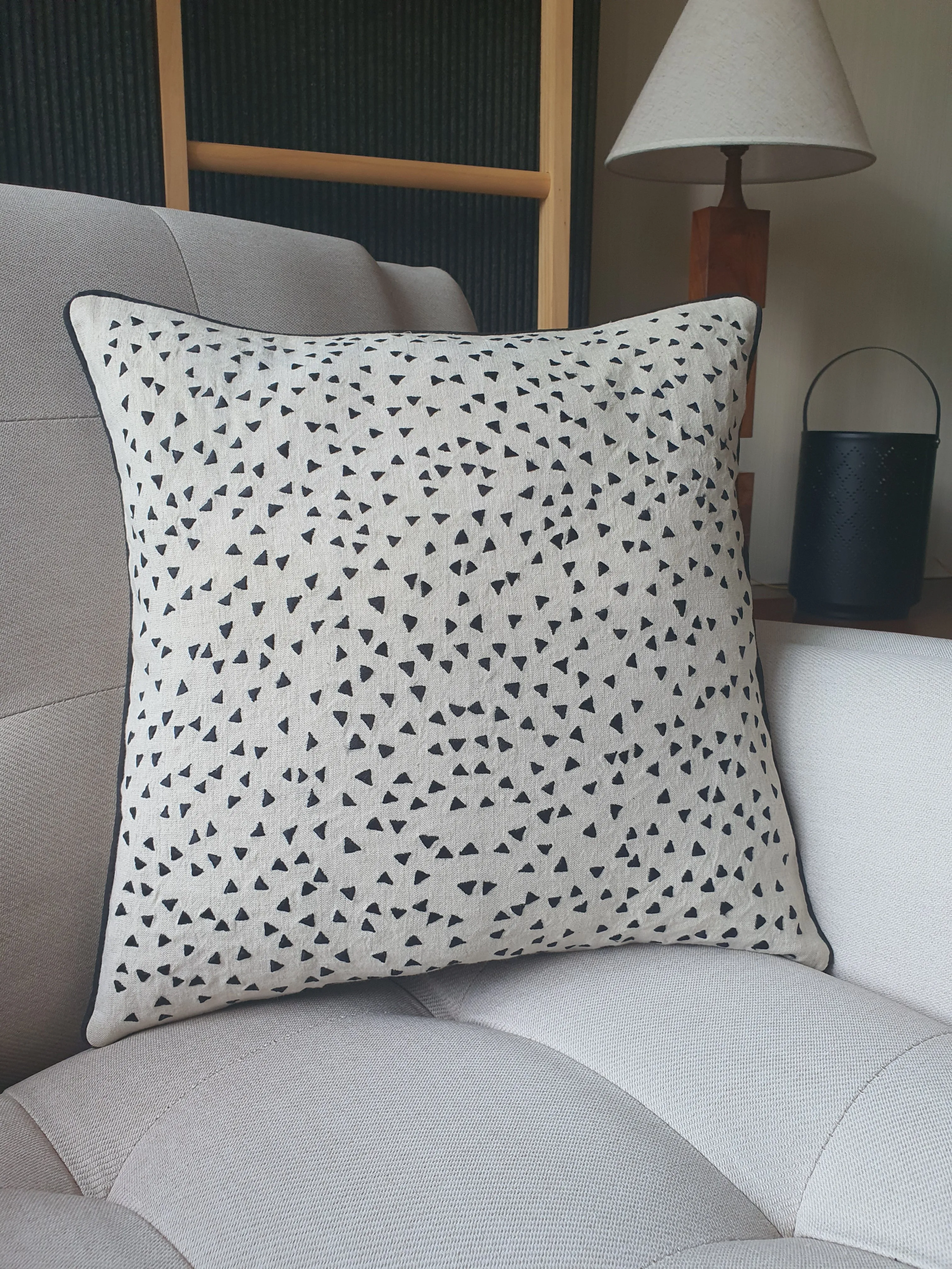 So Fun! Black Triangle Confetti on Linen Pillow Cover
