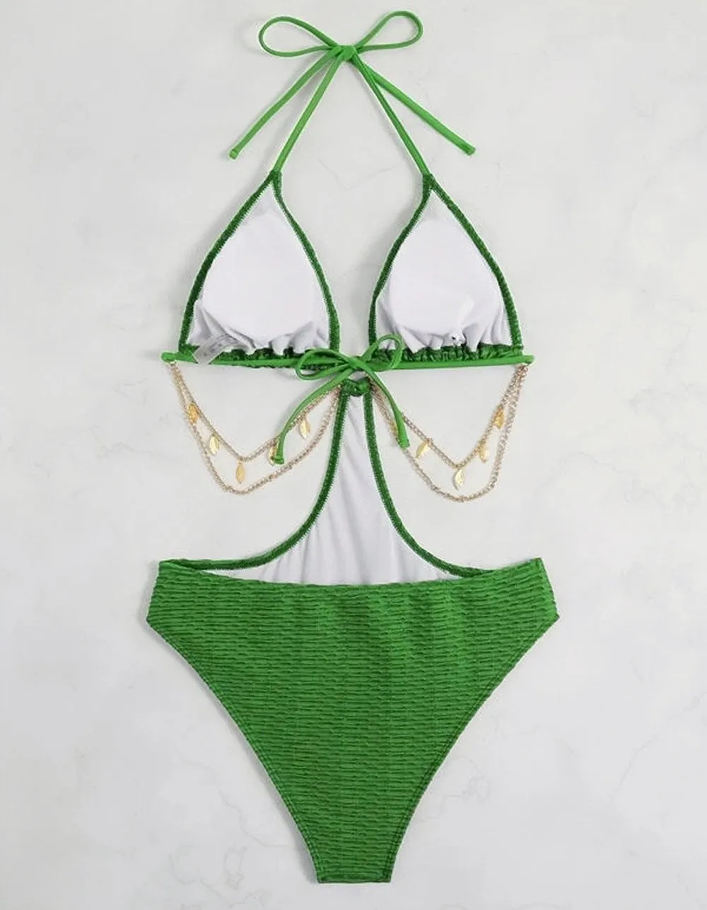 Solid-color Halter Cut Out Chain One-piece Bikini Swimwear Sets