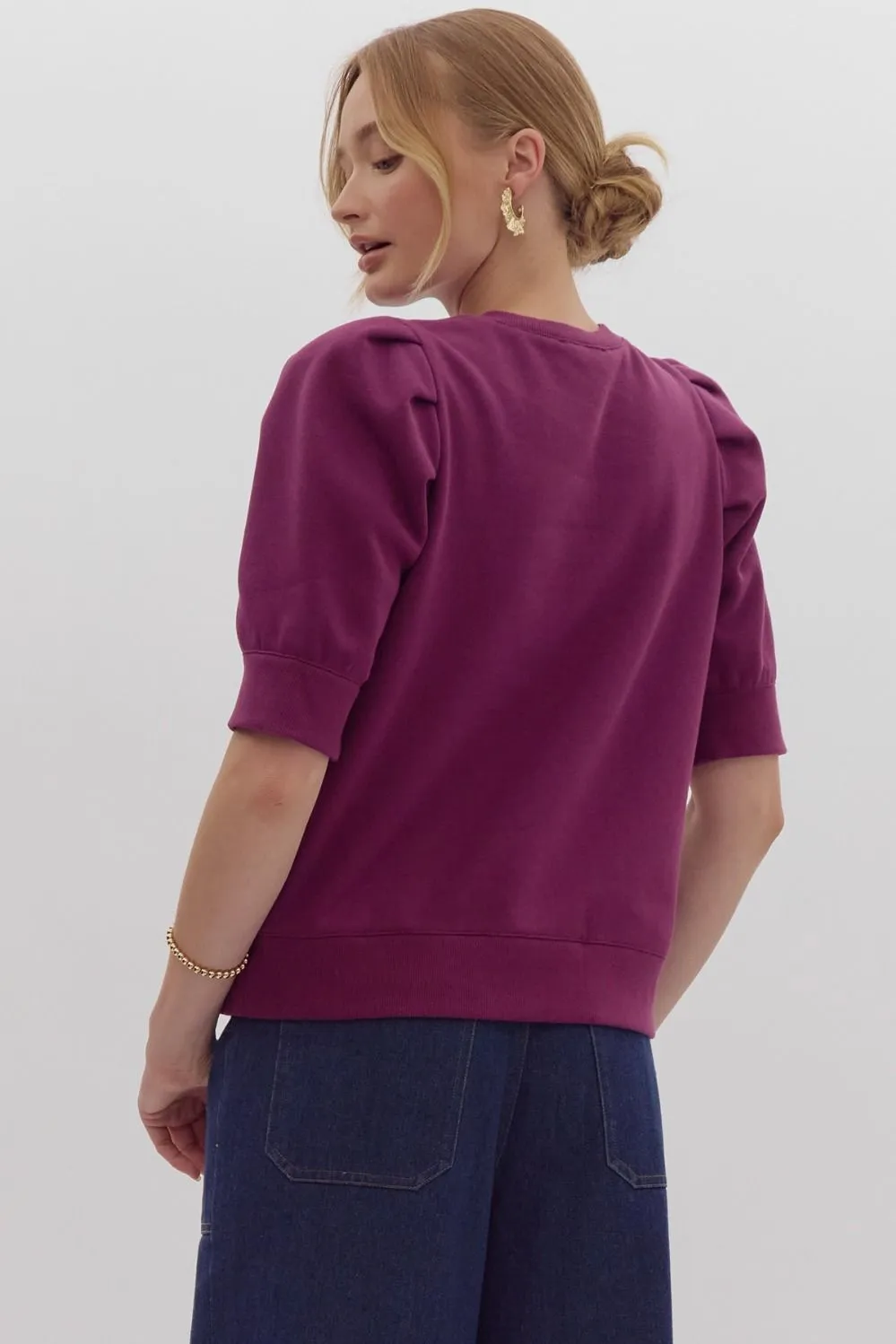 Solid Short Sleeve Round Neck Top w/ Puff Sleeves