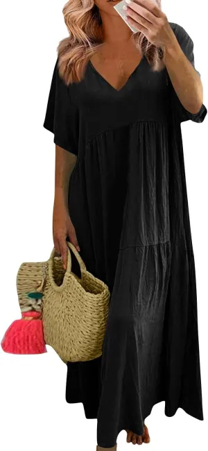 Spring Dress Cotton Linen Maxi Plus Size V Neck Boho Flowy Loose Length Long Dress Wedding Guest Dresses for Women