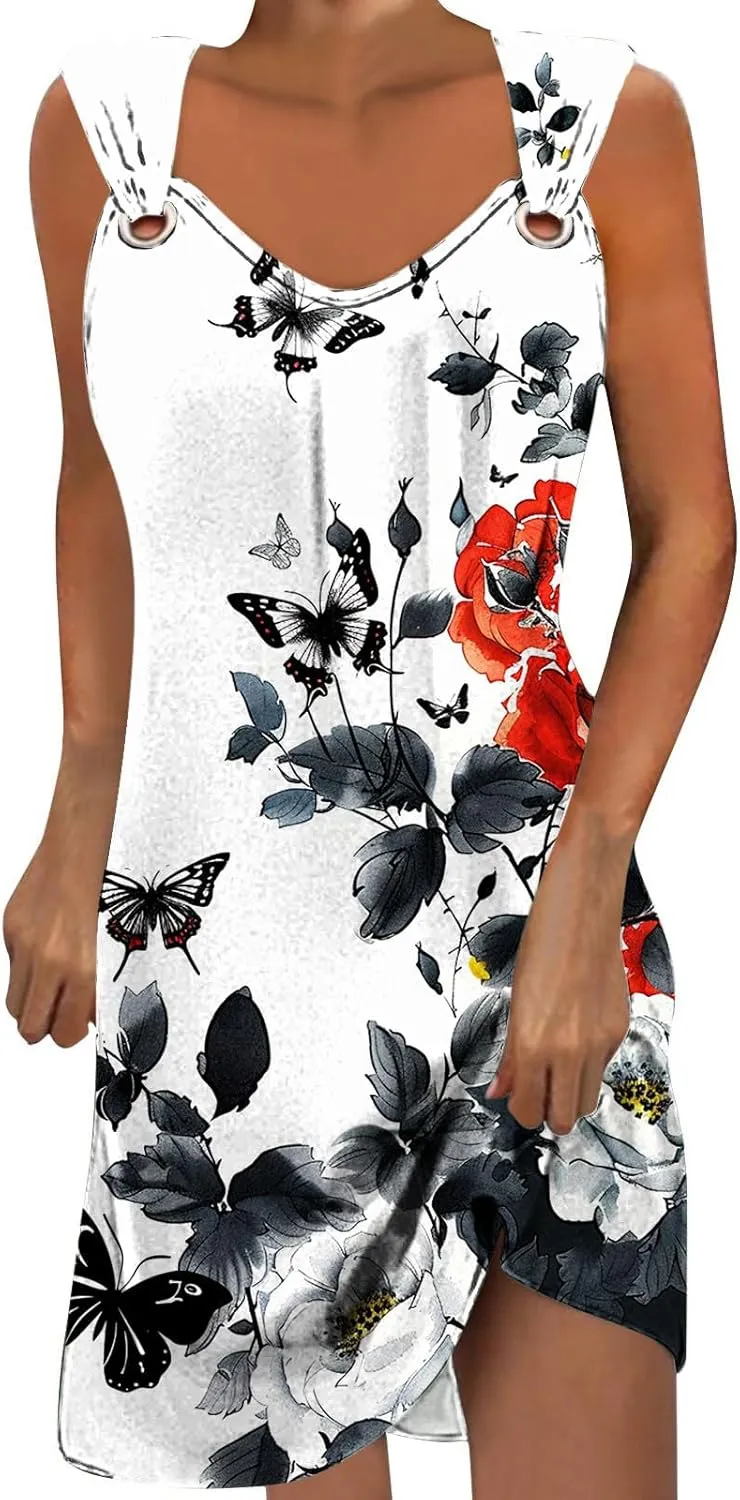 Summer A-Line Floral Printed Dresses Womens Vintage Sleeveless Beach Sundress Ladies Casual Loose Boho Dress