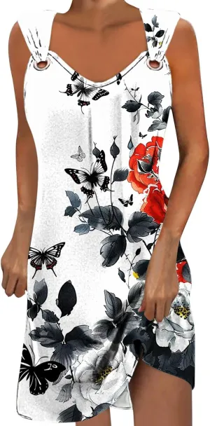 Summer A-Line Floral Printed Dresses Womens Vintage Sleeveless Beach Sundress Ladies Casual Loose Boho Dress