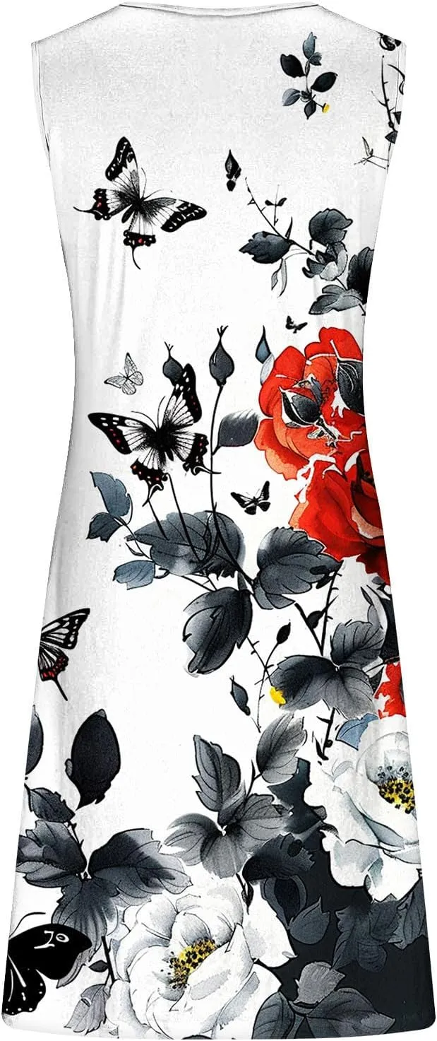 Summer A-Line Floral Printed Dresses Womens Vintage Sleeveless Beach Sundress Ladies Casual Loose Boho Dress