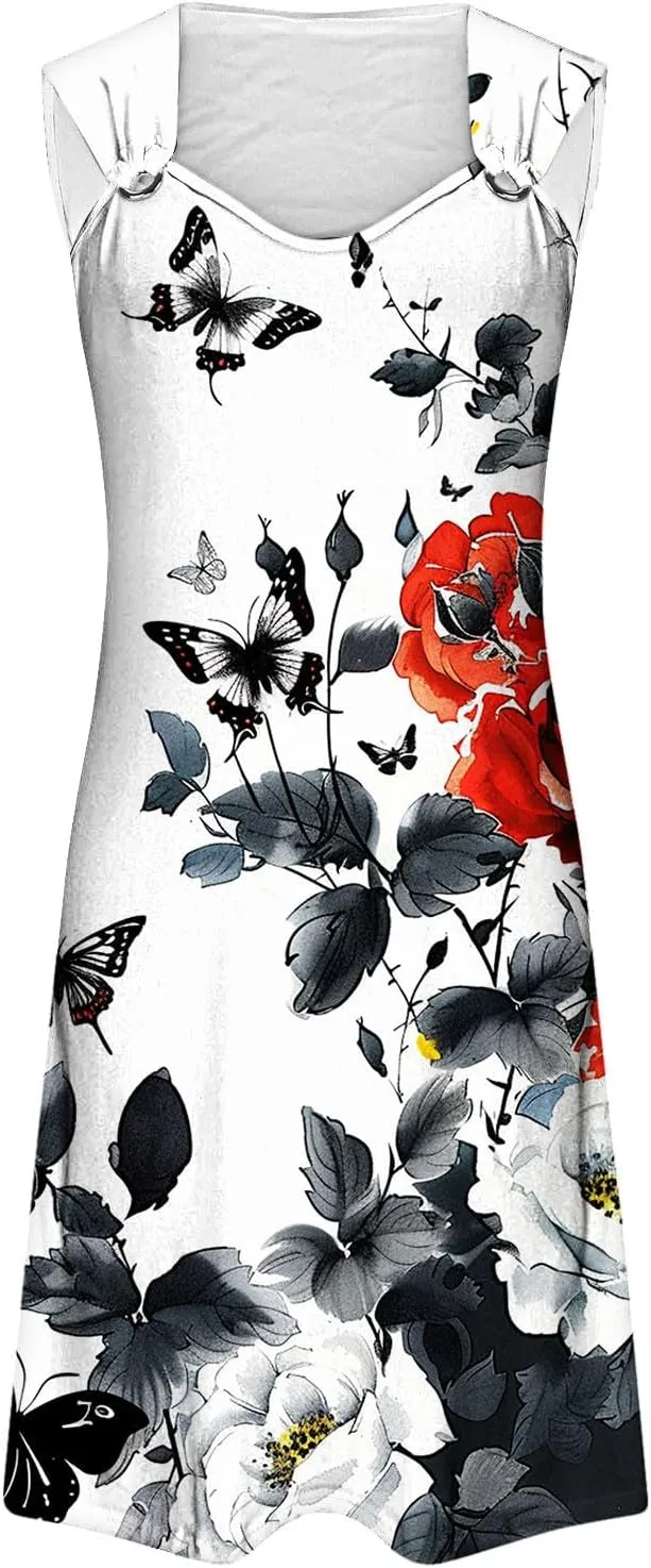 Summer A-Line Floral Printed Dresses Womens Vintage Sleeveless Beach Sundress Ladies Casual Loose Boho Dress