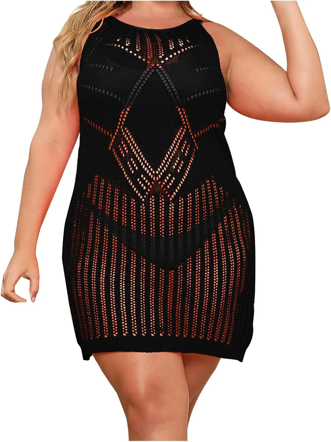 Summer Beach Crochet Hollow Out Swim Cover Up for Women Swimsuit Bathing Suit Bikini Sleeveless Sexy Dress Swimwear