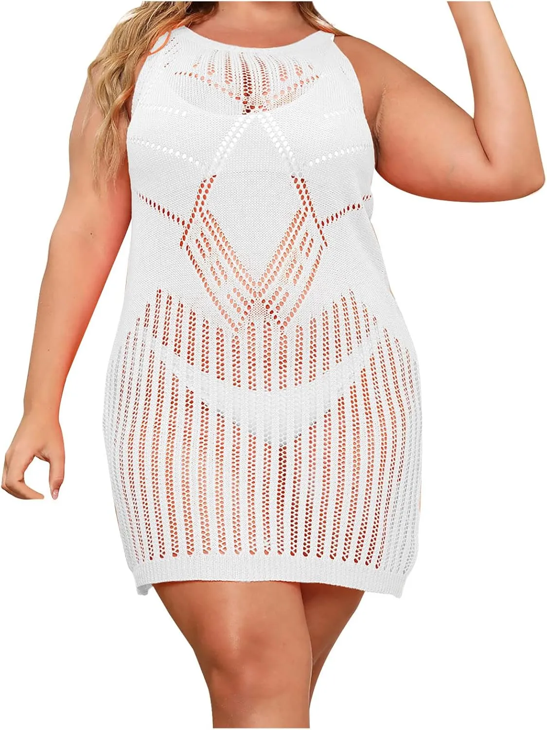 Summer Beach Crochet Hollow Out Swim Cover Up for Women Swimsuit Bathing Suit Bikini Sleeveless Sexy Dress Swimwear