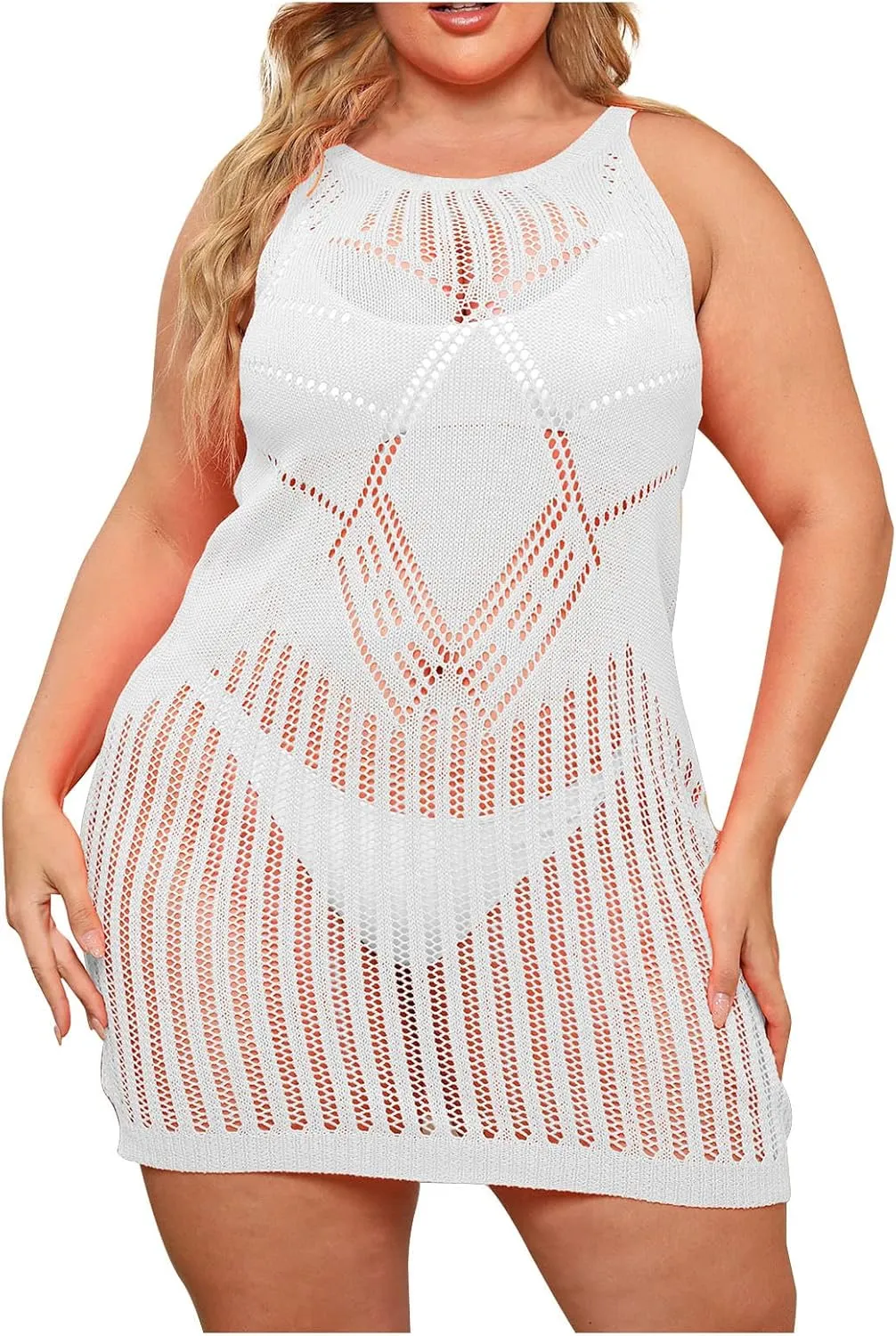Summer Beach Crochet Hollow Out Swim Cover Up for Women Swimsuit Bathing Suit Bikini Sleeveless Sexy Dress Swimwear