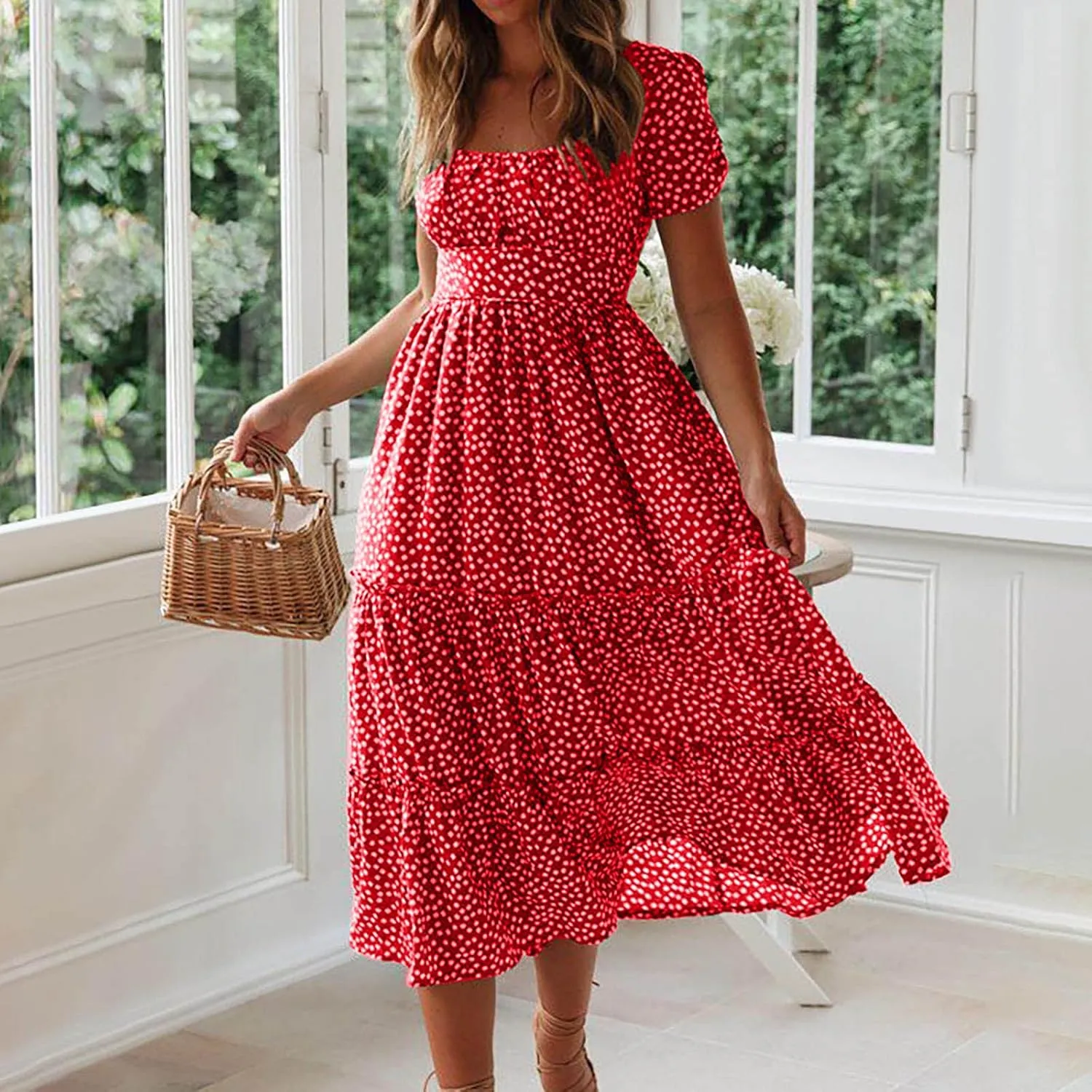 Summer Bohemian Dot Print Dresses for Women 2024 Short Sleeve Square Neck Tunic Dress Tiered Pleated A Line Sundress