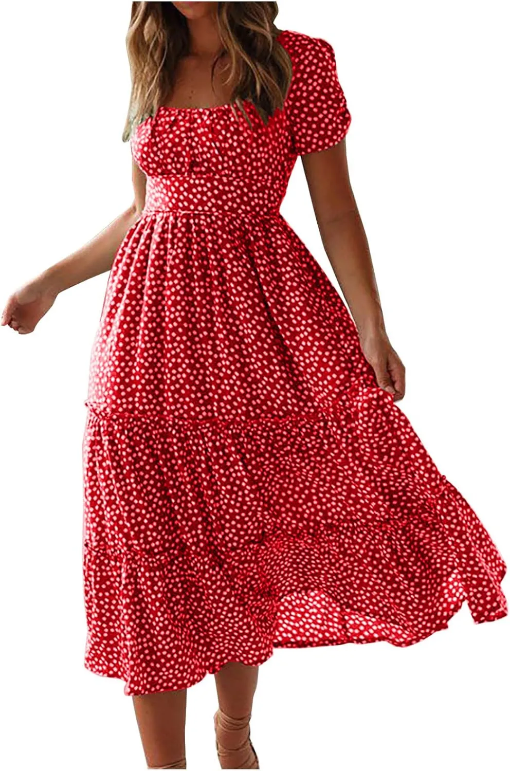 Summer Bohemian Dot Print Dresses for Women 2024 Short Sleeve Square Neck Tunic Dress Tiered Pleated A Line Sundress