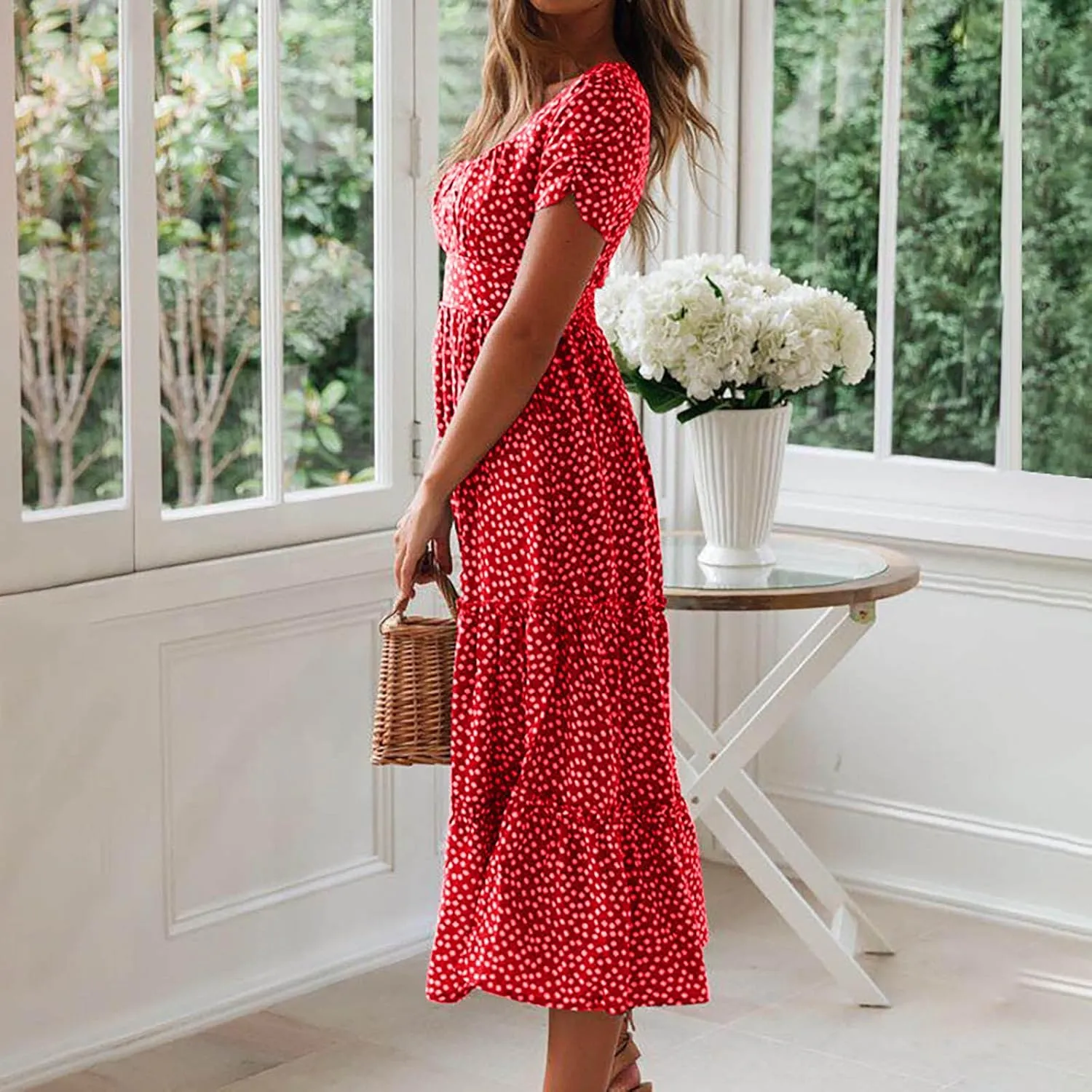 Summer Bohemian Dot Print Dresses for Women 2024 Short Sleeve Square Neck Tunic Dress Tiered Pleated A Line Sundress