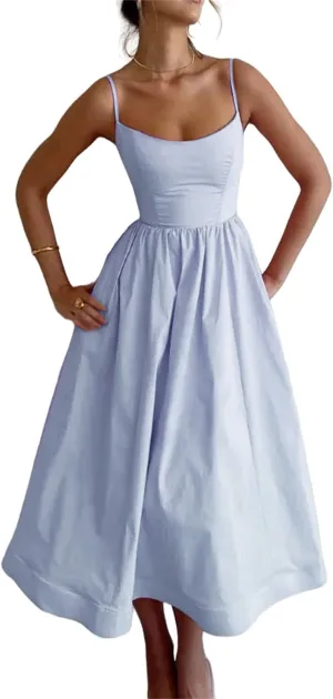 Summer Dress Casual Women Spaghetti Strap Sexy Low-Cut Sleeveless Maxi Dresses Waist Pleated Aline Flowy Swing Dress