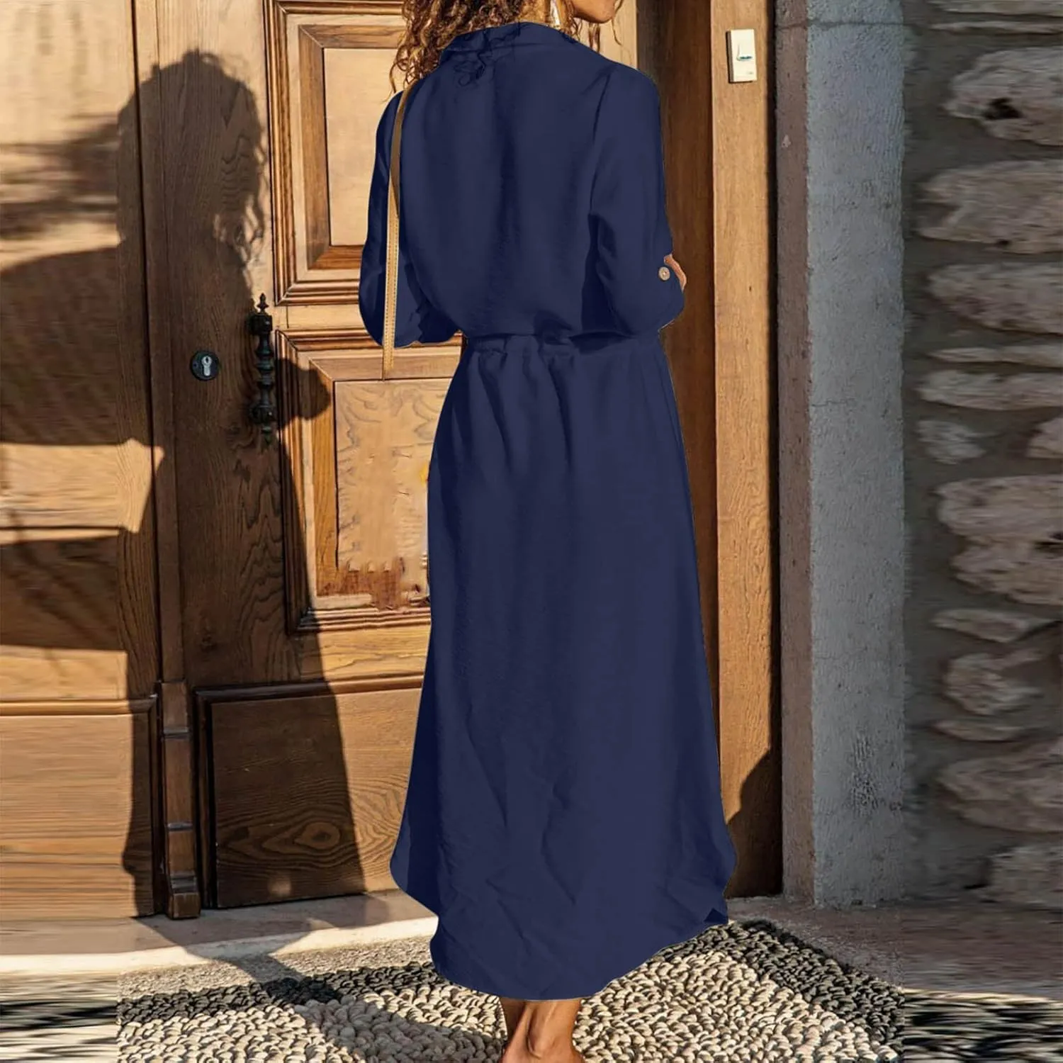 Summer Dress for Women 2025 Spring 3/4 Sleeve Cotton Linen Dress Solid Color Button Down Dresses A-Line Casual Dress