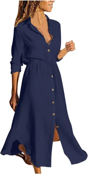 Summer Dress for Women 2025 Spring 3/4 Sleeve Cotton Linen Dress Solid Color Button Down Dresses A-Line Casual Dress