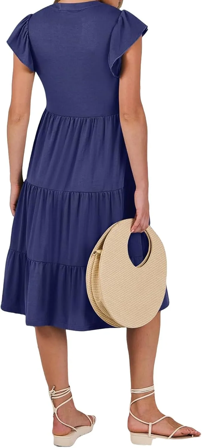 Summer Dress for Women Ruffle Sleeve V Neck Midi Dresses Trendy Casual Fit Flowy Tiered Boho Beach Vacation Sundress