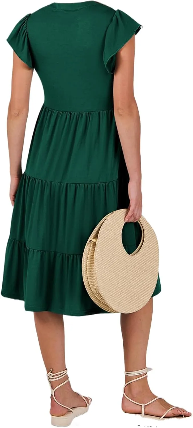 Summer Dress for Women Ruffle Sleeve V Neck Midi Dresses Trendy Casual Fit Flowy Tiered Boho Beach Vacation Sundress