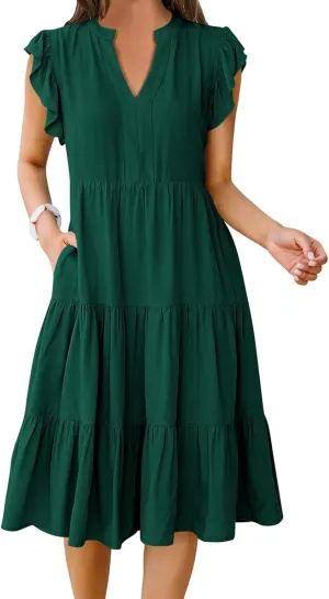 Summer Dress for Women Ruffle Sleeve V Neck Midi Dresses Trendy Casual Fit Flowy Tiered Boho Beach Vacation Sundress