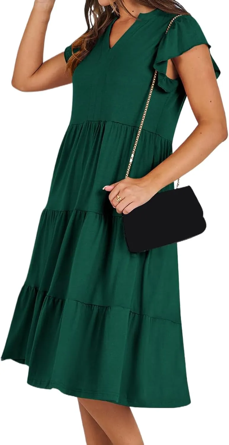 Summer Dress for Women Ruffle Sleeve V Neck Midi Dresses Trendy Casual Fit Flowy Tiered Boho Beach Vacation Sundress