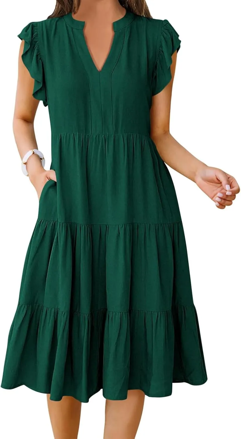 Summer Dress for Women Ruffle Sleeve V Neck Midi Dresses Trendy Casual Fit Flowy Tiered Boho Beach Vacation Sundress
