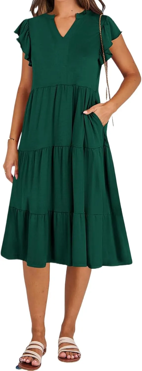 Summer Dress for Women Ruffle Sleeve V Neck Midi Dresses Trendy Casual Fit Flowy Tiered Boho Beach Vacation Sundress
