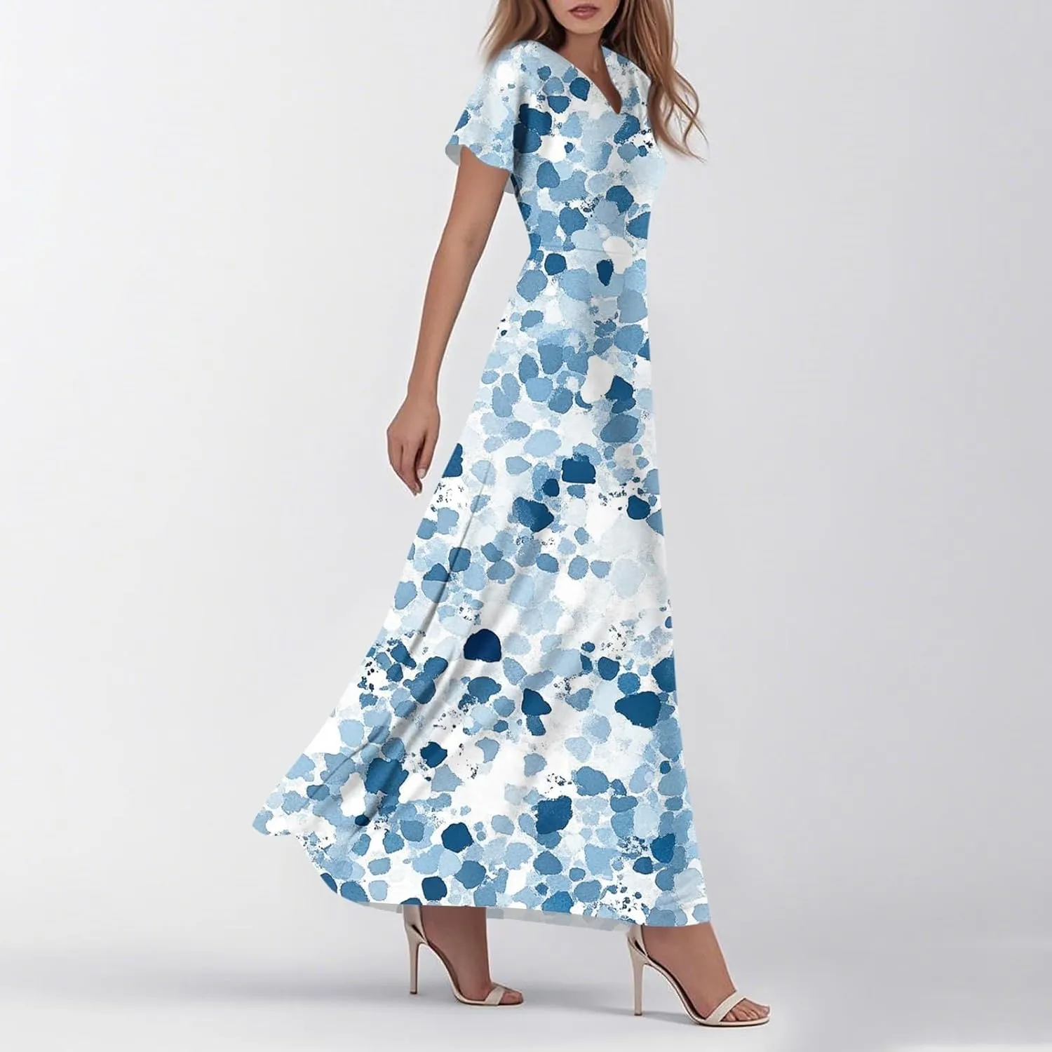 Summer Dress for Women Short Sleeve V-Neck Boho Floral Printed Flowy Swing Sundress Wedding Guest Dresses Long Dress