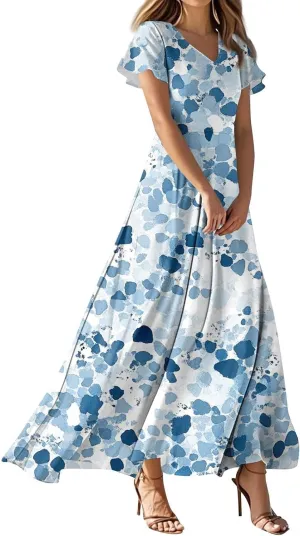 Summer Dress for Women Short Sleeve V-Neck Boho Floral Printed Flowy Swing Sundress Wedding Guest Dresses Long Dress