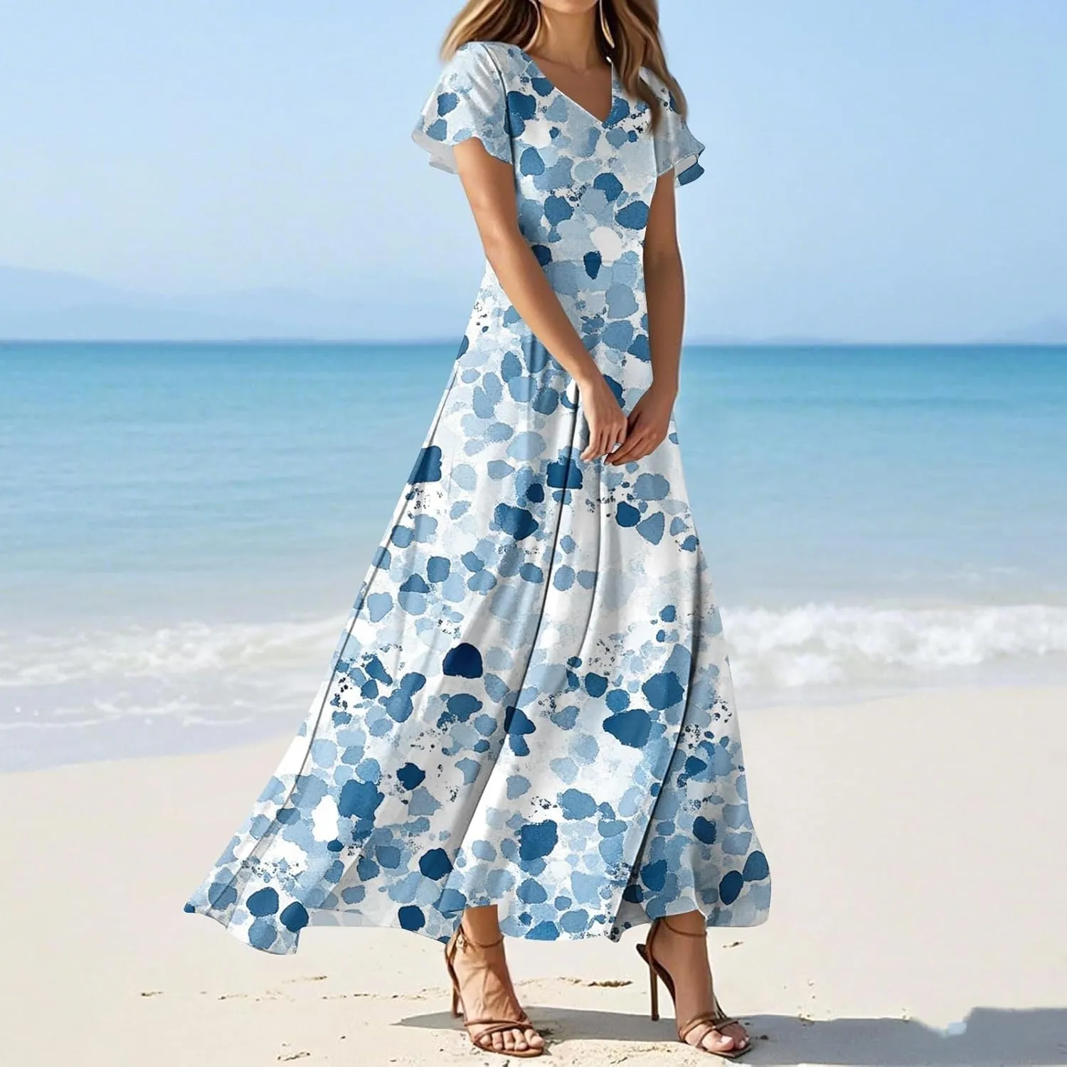 Summer Dress for Women Short Sleeve V-Neck Boho Floral Printed Flowy Swing Sundress Wedding Guest Dresses Long Dress