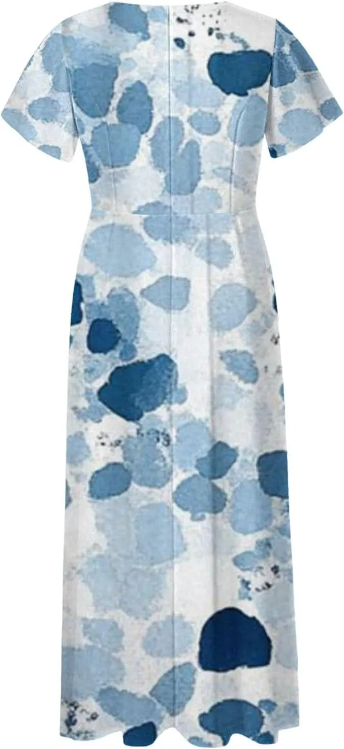 Summer Dress for Women Short Sleeve V-Neck Boho Floral Printed Flowy Swing Sundress Wedding Guest Dresses Long Dress