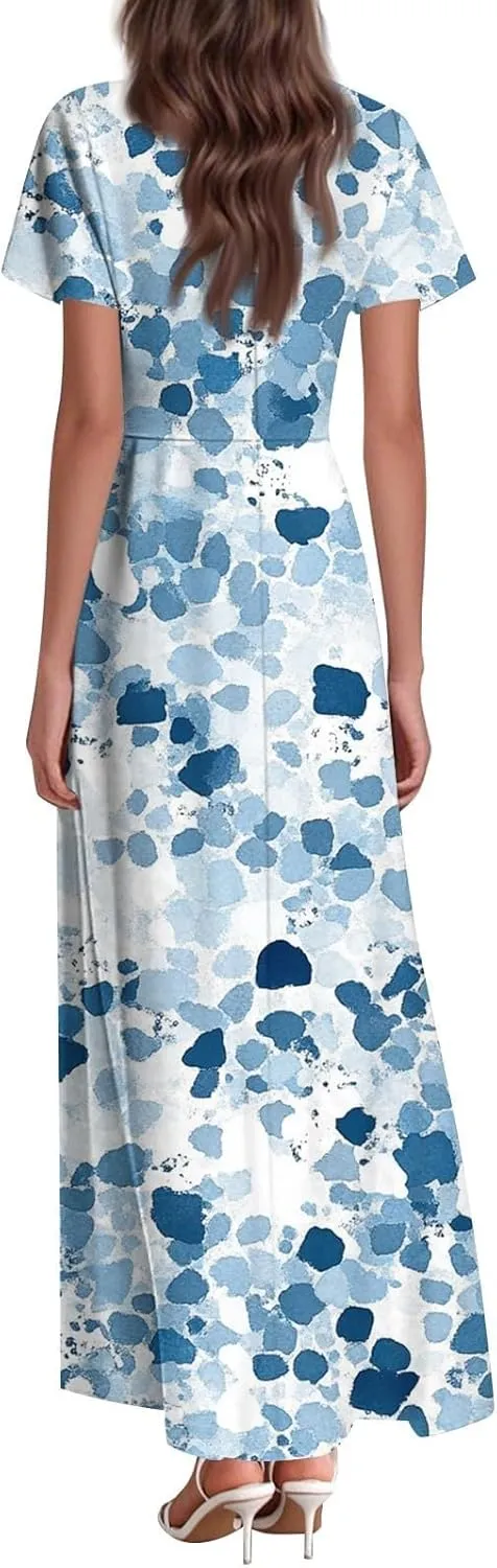 Summer Dress for Women Short Sleeve V-Neck Boho Floral Printed Flowy Swing Sundress Wedding Guest Dresses Long Dress