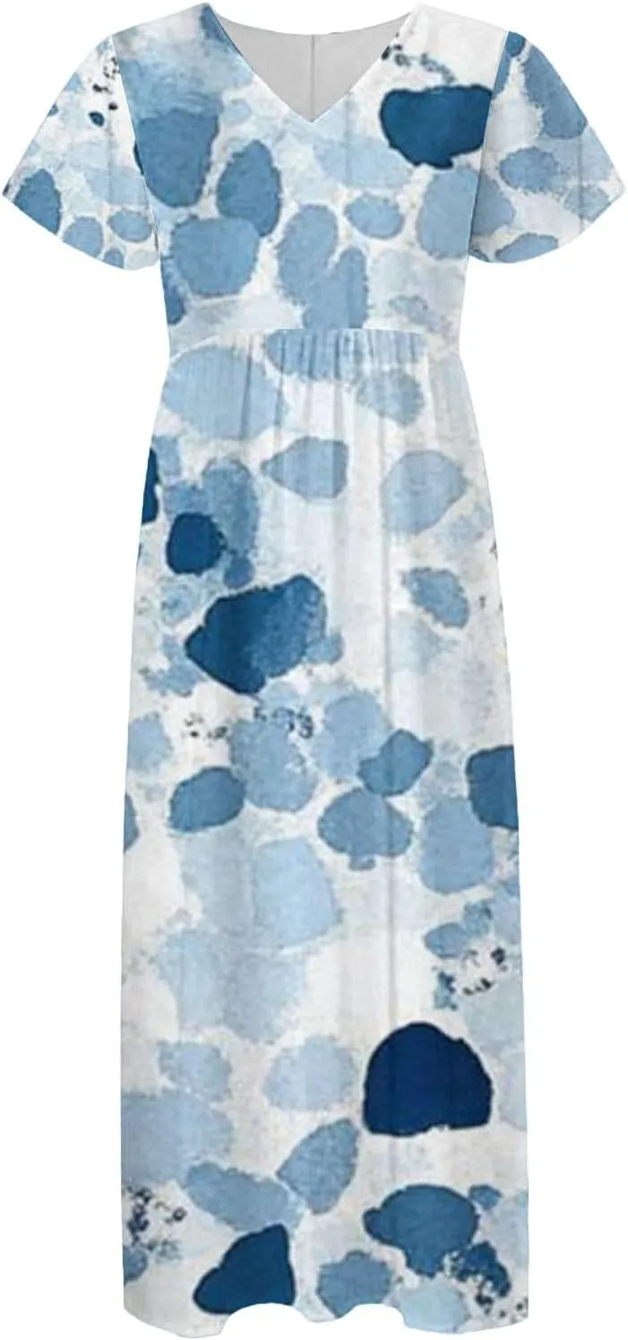 Summer Dress for Women Short Sleeve V-Neck Boho Floral Printed Flowy Swing Sundress Wedding Guest Dresses Long Dress