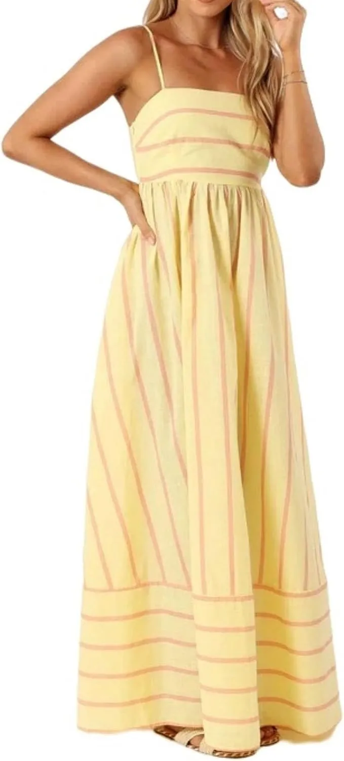 Summer Dress for Women Striped Sleeveless Spaghetti Strap A Line Maxi Dress Ruffle Waist Flowy Swing Sundress 2025