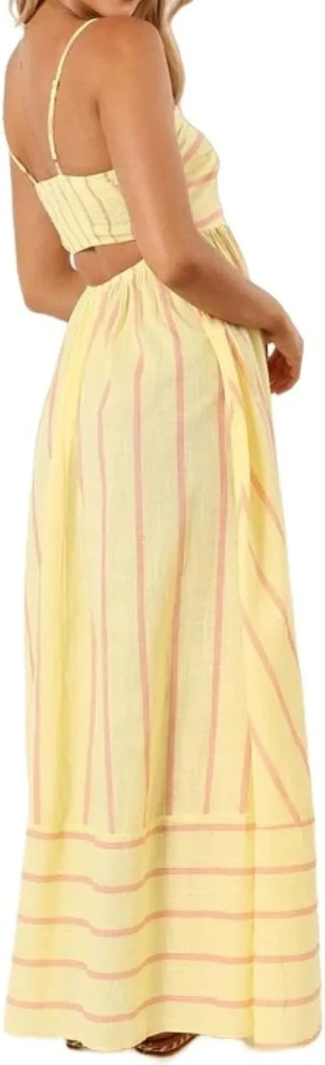 Summer Dress for Women Striped Sleeveless Spaghetti Strap A Line Maxi Dress Ruffle Waist Flowy Swing Sundress 2025