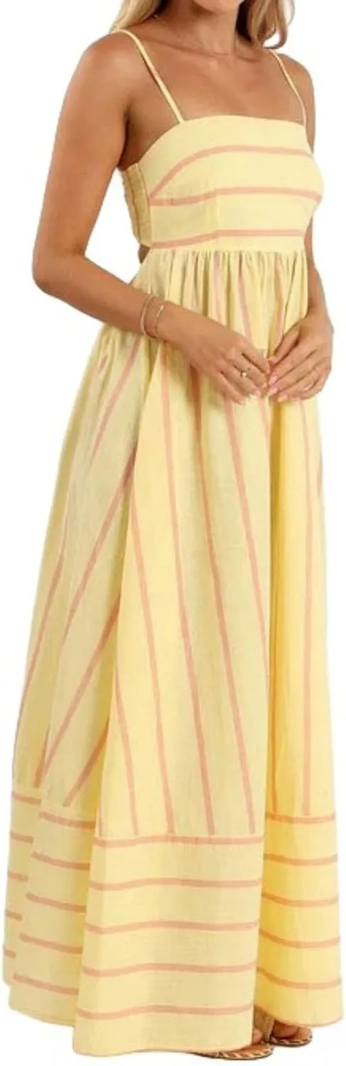 Summer Dress for Women Striped Sleeveless Spaghetti Strap A Line Maxi Dress Ruffle Waist Flowy Swing Sundress 2025