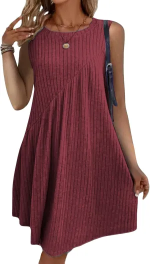 Summer Dresses for Women 2025 Boho Textured Crewneck Sleeveless Dresses Loose Fit Solid Color Casual Sundress