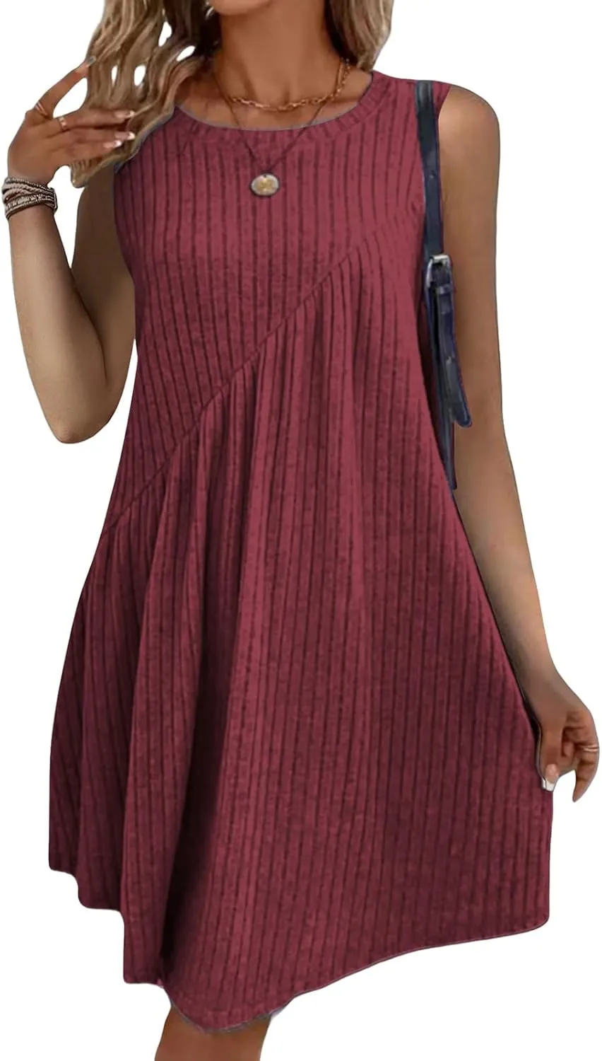 Summer Dresses for Women 2025 Boho Textured Crewneck Sleeveless Dresses Loose Fit Solid Color Casual Sundress