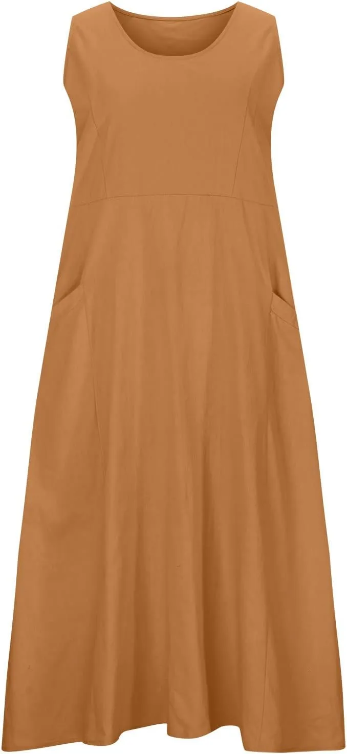 Summer Dresses for Women 2025 Cotton Linen Sleeveless Maxi Dress Casual Beach Plus Size Sundresses with Pockets
