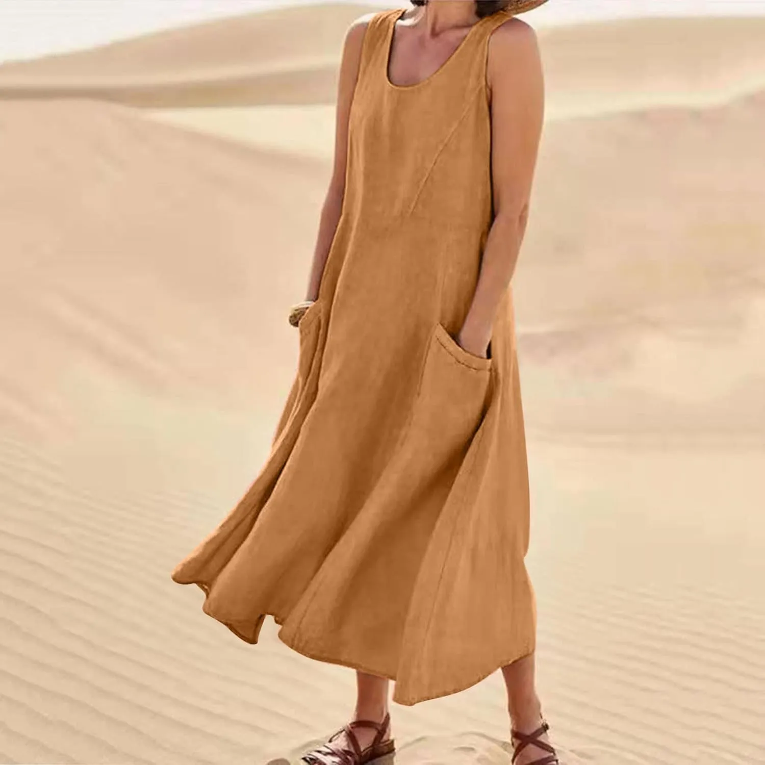 Summer Dresses for Women 2025 Cotton Linen Sleeveless Maxi Dress Casual Beach Plus Size Sundresses with Pockets
