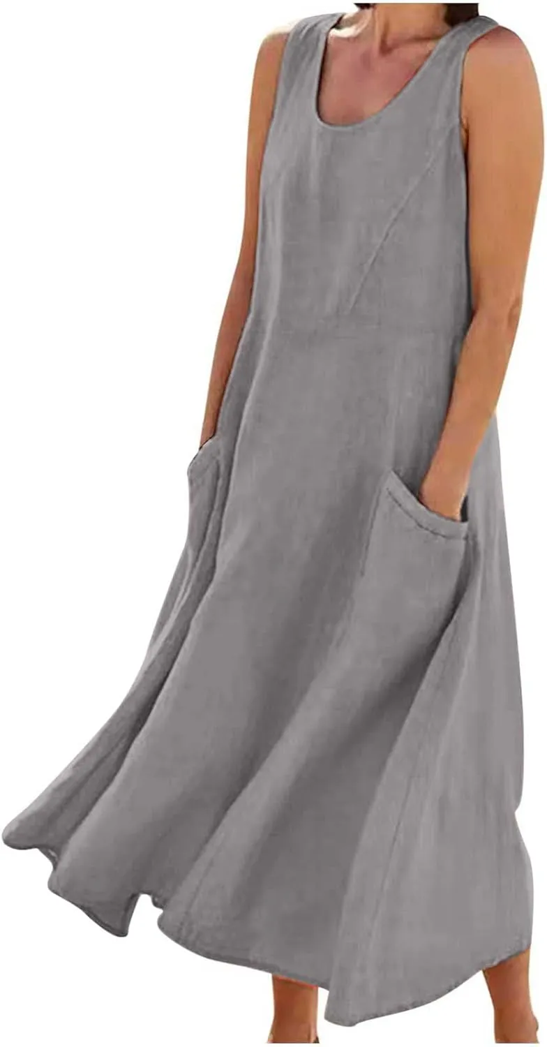 Summer Dresses for Women 2025 Cotton Linen Sleeveless Maxi Dress Casual Beach Plus Size Sundresses with Pockets