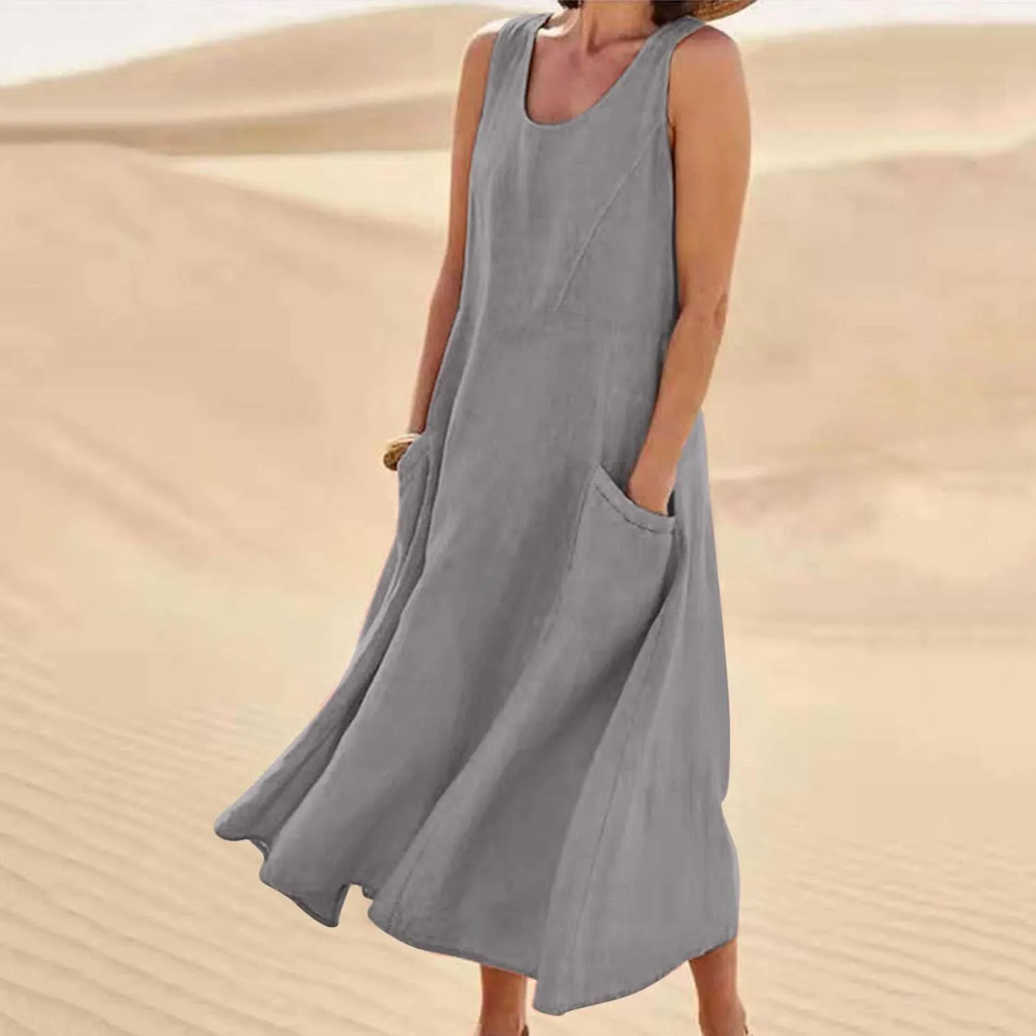 Summer Dresses for Women 2025 Cotton Linen Sleeveless Maxi Dress Casual Beach Plus Size Sundresses with Pockets