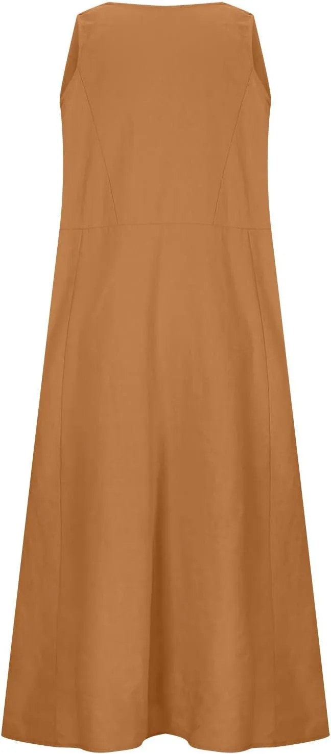 Summer Dresses for Women 2025 Cotton Linen Sleeveless Maxi Dress Casual Beach Plus Size Sundresses with Pockets